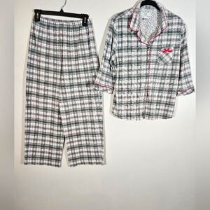 Karen Neuburger size S pajama set pant button up top pink/grey plaid soft